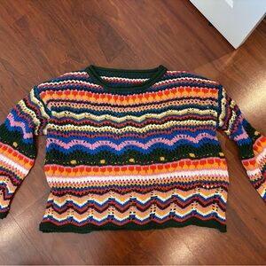 Multicolor Crochet Knit Women's Sweater - Green Trim